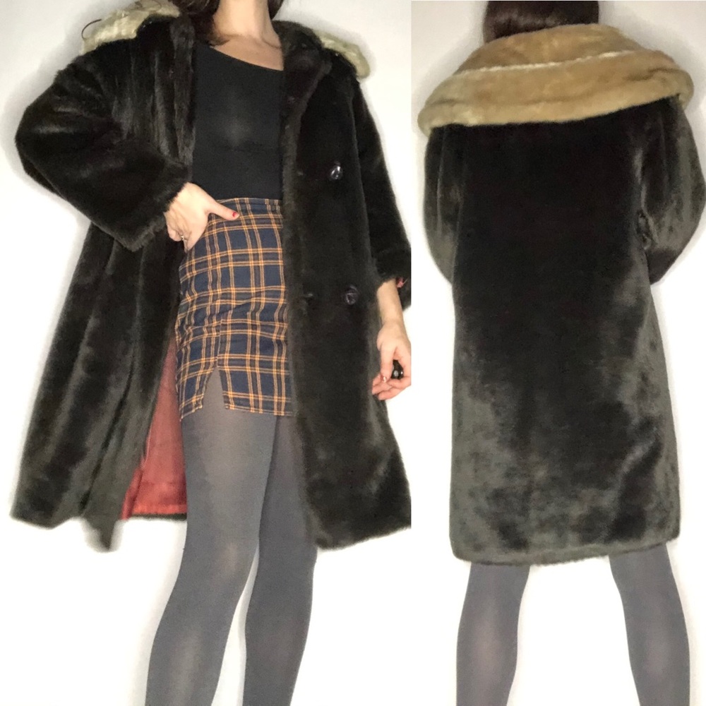 Vintage Black and Tan Faux Fur Over Coat Retro Jacket